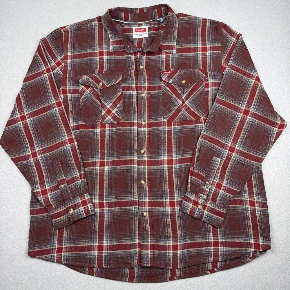 Wrangler Men's Plaid Button Up Shirt 2XL Burgundy Western Flannel Cotton Blend